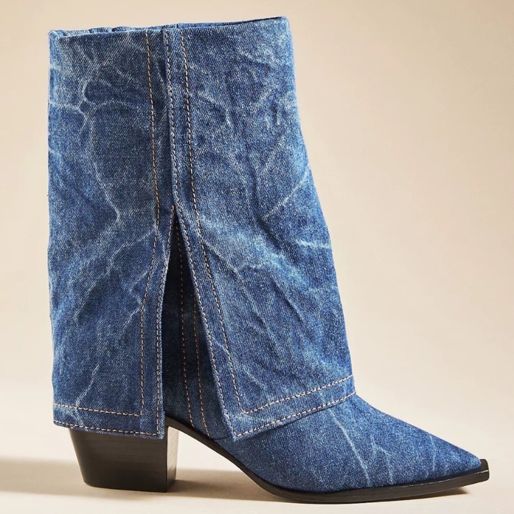 Vicenza Blue Denim Gaiter Pointed Toe Block Heel Ankle Boots USA 10 EUR 41